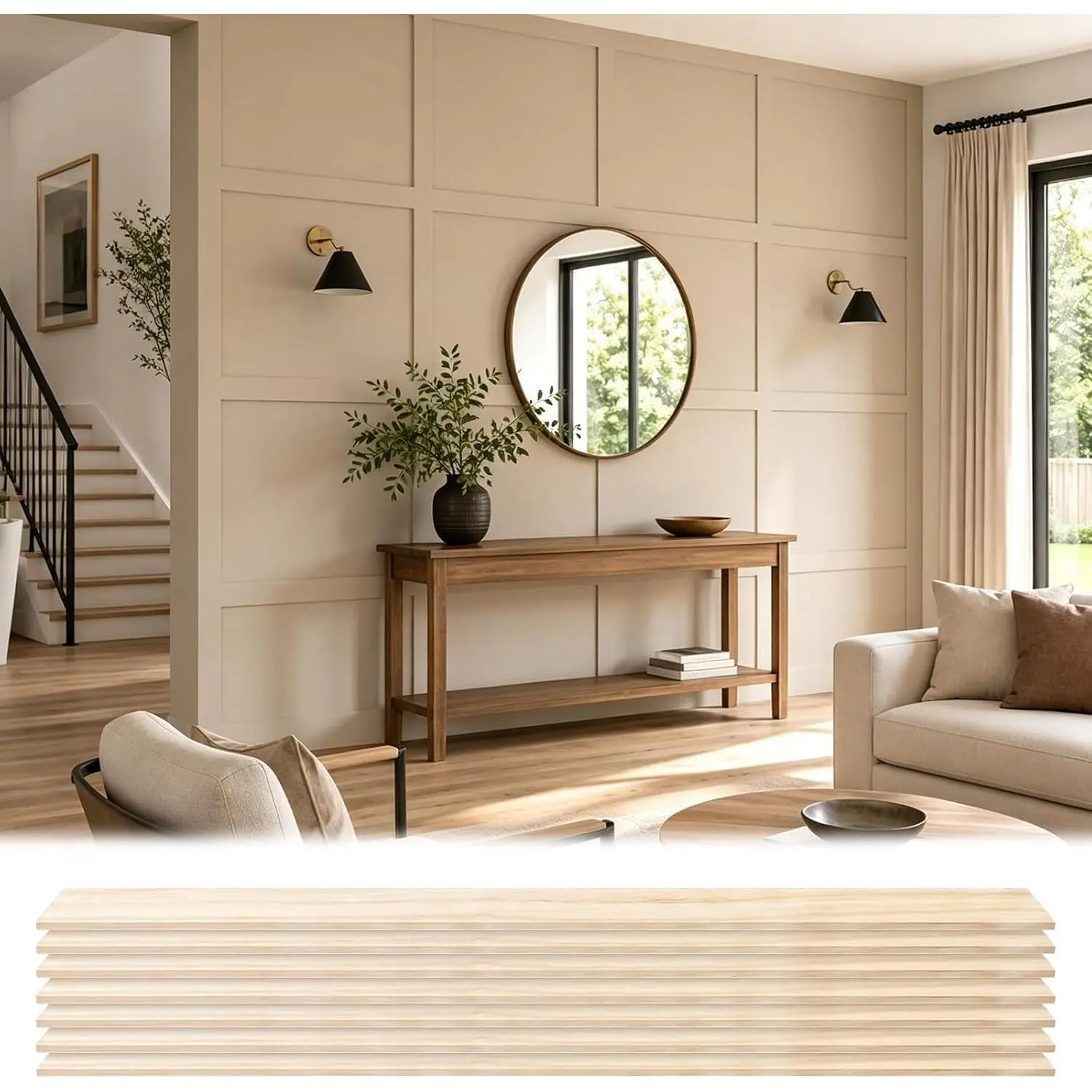 12.14 ft x 8 ft Paulownia Board and Batten Wall Panel Kit, DIY Paintable Modern Shiplap Wainscoting for Interior Use Accent Walls, Living Room Bedroom Decor