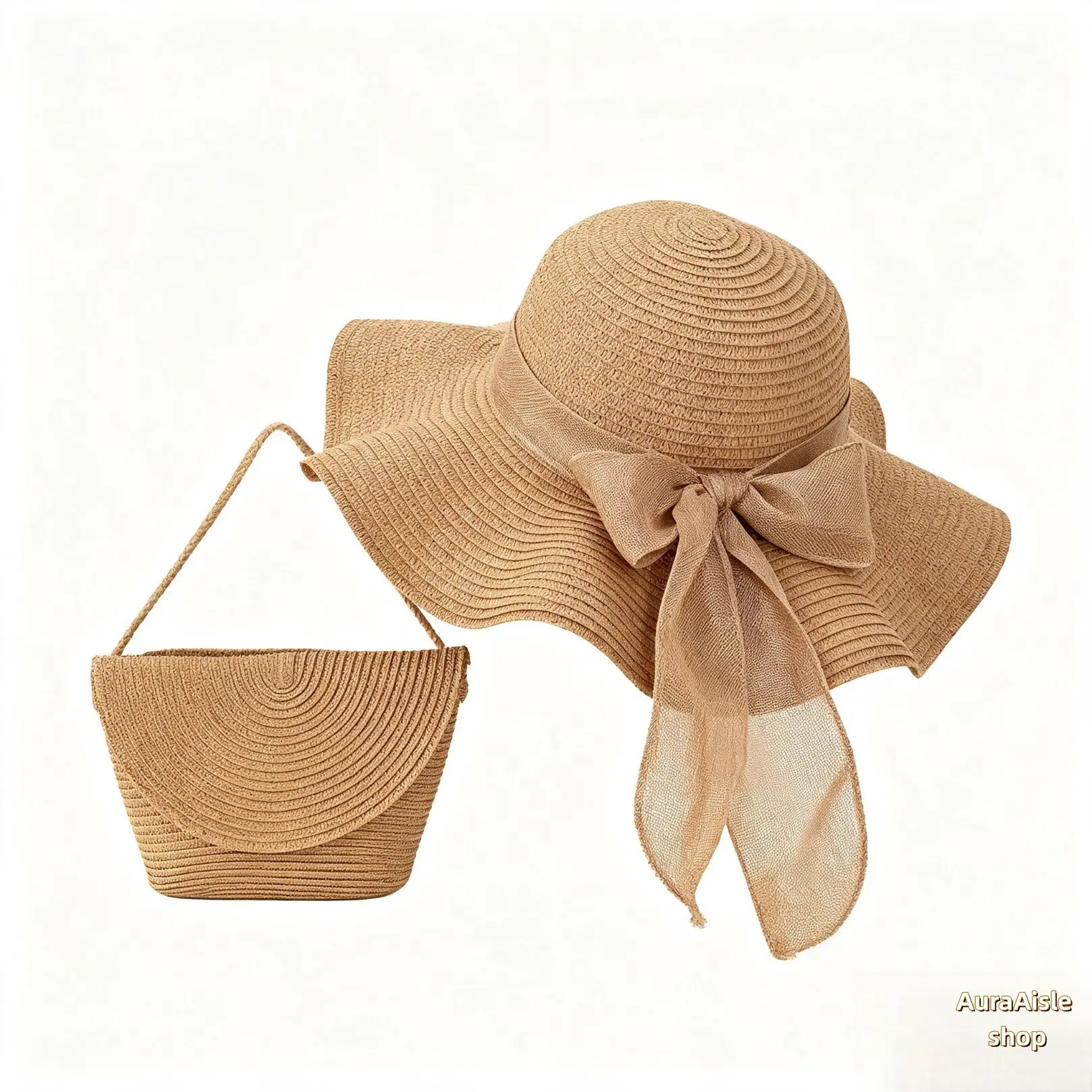 Women's Boho Handwoven Straw Hat & Bag Set - Lightweight Wide Brim Sun Protection Accessory, Stylish Matching Outfit for Beach Picnic, Summer Outdoor Activities