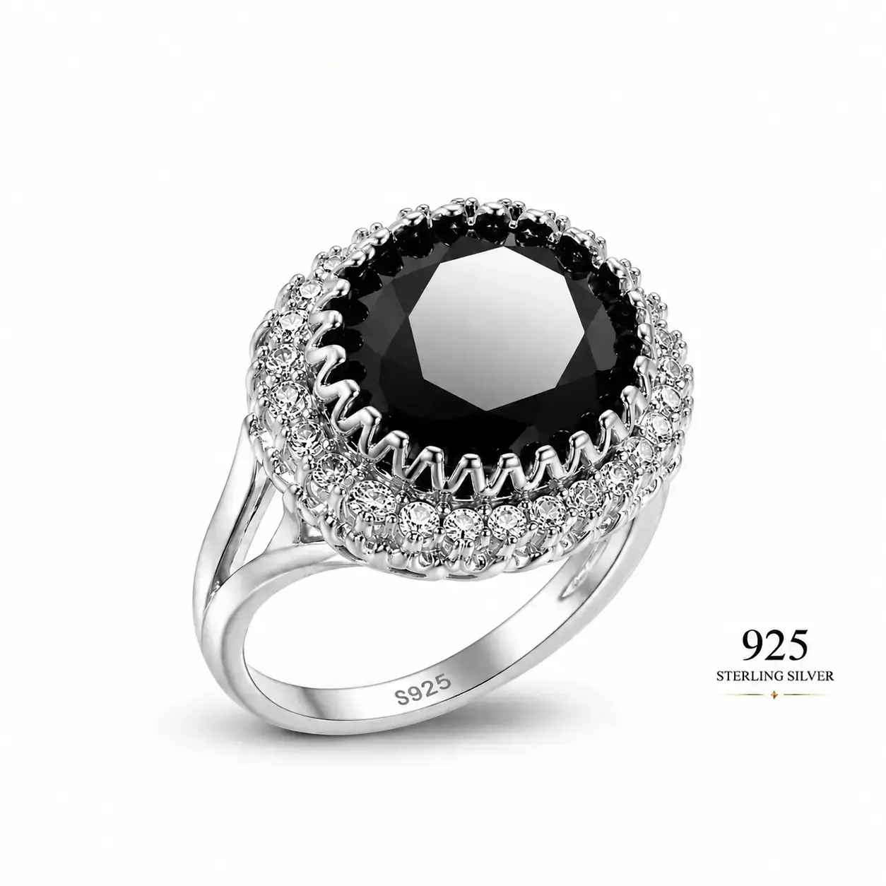 Women's 925 Sterling Silver Black Obsidian Vintage Halo Ring - Luxury Bold Statement Jewelry with Sparkling CZ Accents - Classic Glamorous Cocktail Black and Silver Ring for Fashion Lovers - Ideal for Weddings, Parties, Black And Silver Rings