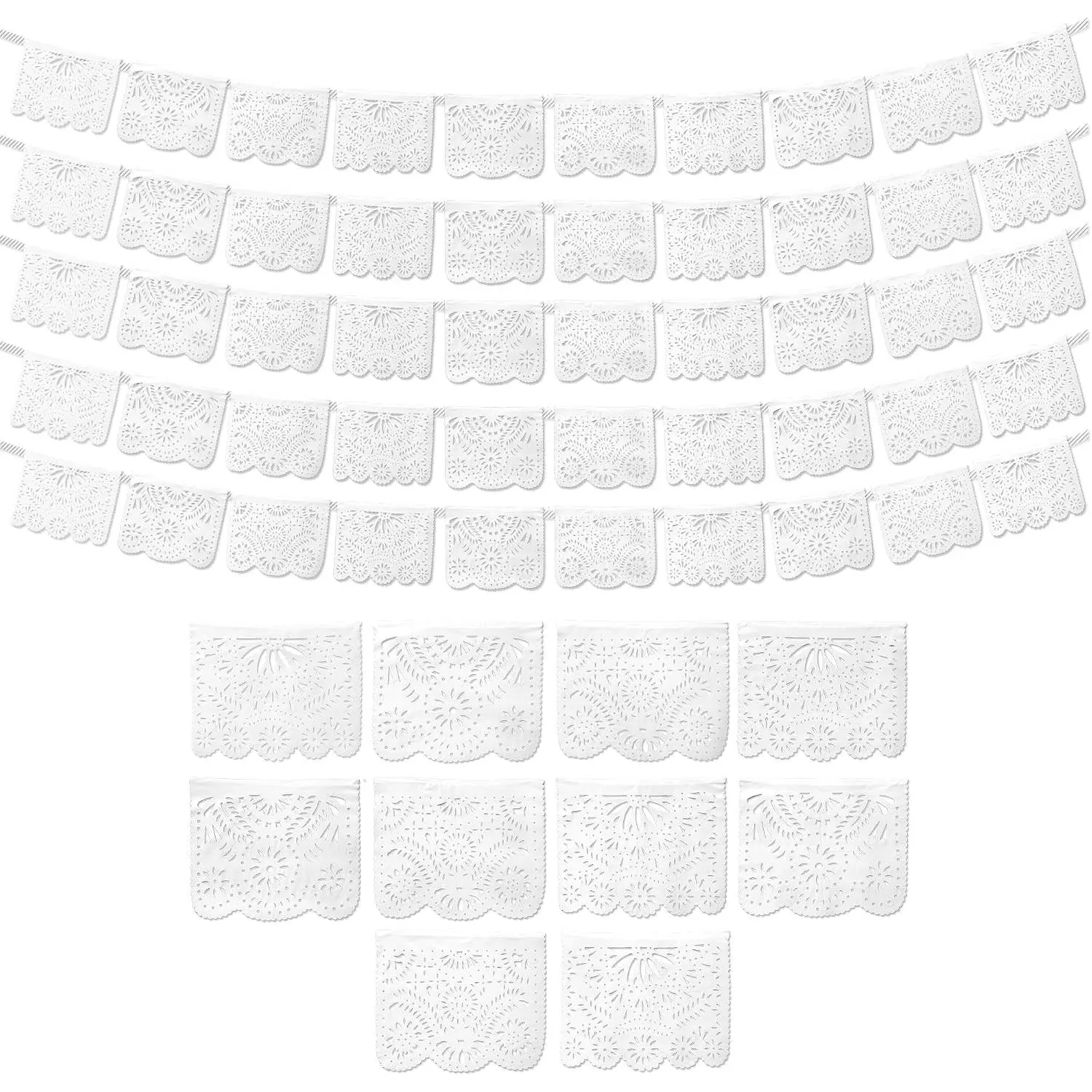 White Papel Picado Banner 5-pk - White Mexican Banner - Decorations| 5 Banners, 10 Flags Each - Papel Picado - Weddings, Showers, Parties & Celebrations