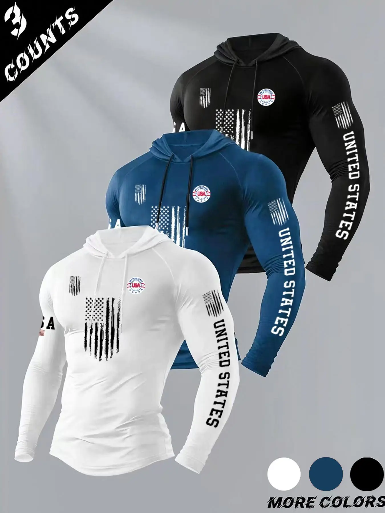 3-Piece Men's Classic Letter & Flag Print Long Sleeve Hooded T-Shirts, Casual Fitted Tops for Fall & Winter, Athletic Gym Wear, Activewear T Shirt, Athleisure Fitness Clothes