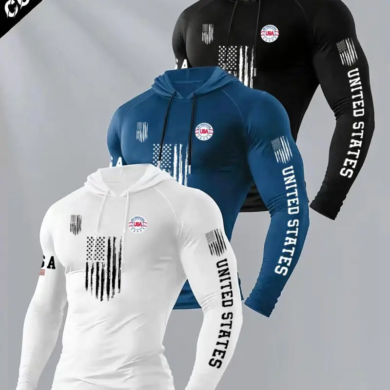 Men's Classic Letter Flag Print Hooded Long Sleeve T-Shirt, Casual Versatile Top, Fitted Design Activewear, Ideal for Fall & Winter Fitness Wear