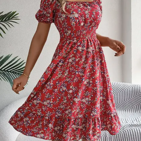 Women's Ditsy Floral Print Ruffle Hem Shirred Dress, Boho Fashion Square Neck Short Sleeve Dress, Boho Style Dresses, Perfect for Bohemian Daily Wear, Holiday & Vacation Wear, Summer Casual Dress