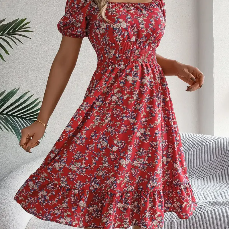 Women's Ditsy Floral Print Ruffle Hem Shirred Dress, Boho Fashion Square Neck Short Sleeve Dress, Boho Style Dresses, Perfect for Bohemian Daily Wear, Holiday & Vacation Wear, Summer Casual Dress