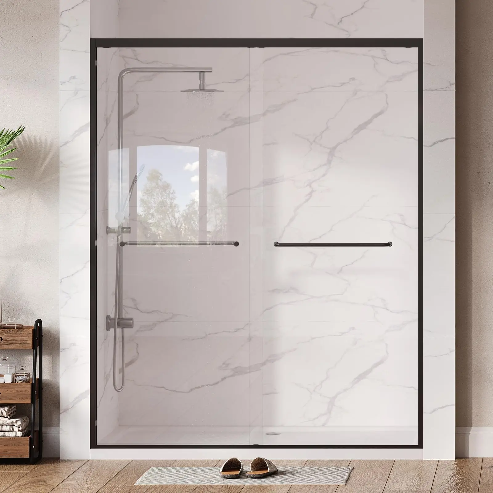 56-60" W x 76" H Sliding Shower Door 1/4" Tempered Glass Double Bypass Enclosure with Trimmable Width and Easy Clean Nano Coating Matte Black