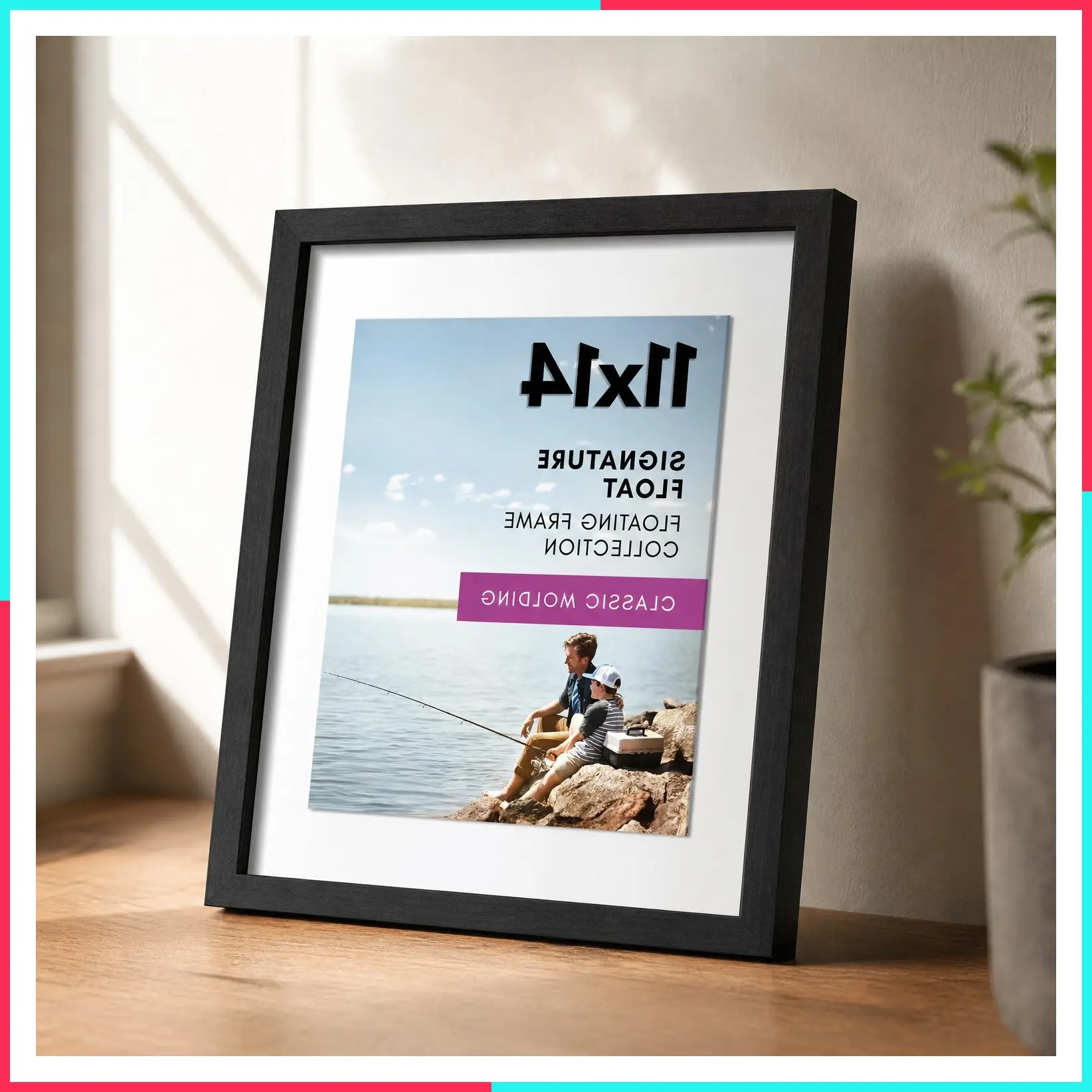 11x14 Floating Picture Frame with Polished Crystal-Clear Glass for 8x10 or 5x7 Photos - Wall Display - Black