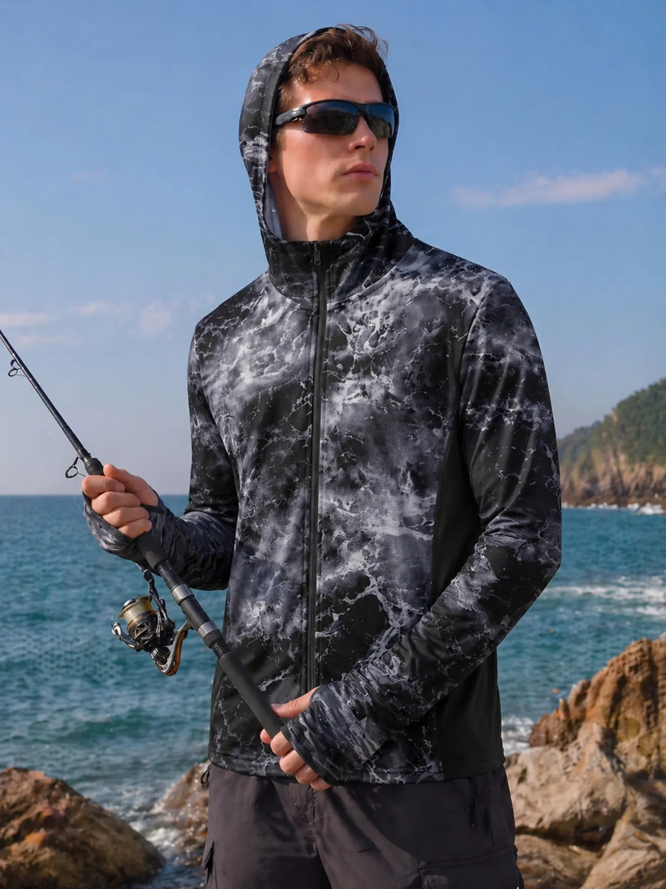 Men's Fish Print Sporty Fitted Jersey, Long Sleeve Breathable Summer Outdoor Clothing, Men's Fishing Apparel, No Button, with Collar, Breathable Sports Jersey