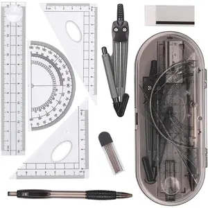 Math Geometry Kit Set 8 count Student Supplies with Shatterproof Storage Box,Includes Rulers,Protractor,Compass,Pencil Lead Refills,Pencil,Eraser.for Students and Engineering Drawings