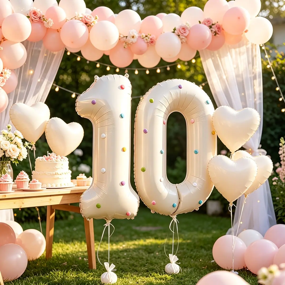Cream Number Balloon Set, Includes 2 Number Balloons, 40 Random Color Pom Poms, 2 Glue Dots, 5 Heart Balloons & 1 Ribbon, Birthday, Anniversary Party Backdrop Decor, Photo Booth Background Party Decorations