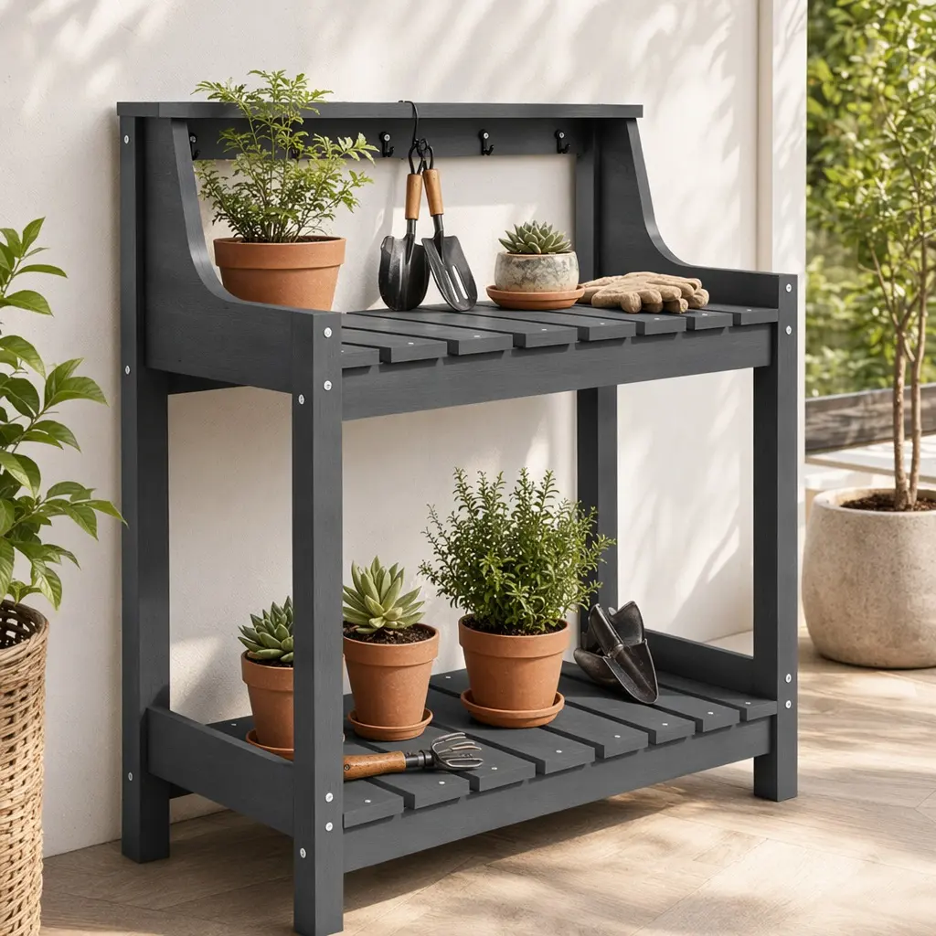 Grey HDPE All-Weather Outdoor Potting Bench Table with Storage Shelves, 43.3" Tall Ergonomic Garden Workstation for Patio Backyard, Multi-Tier Wood-Grain Texture, 220 lbs Capacity