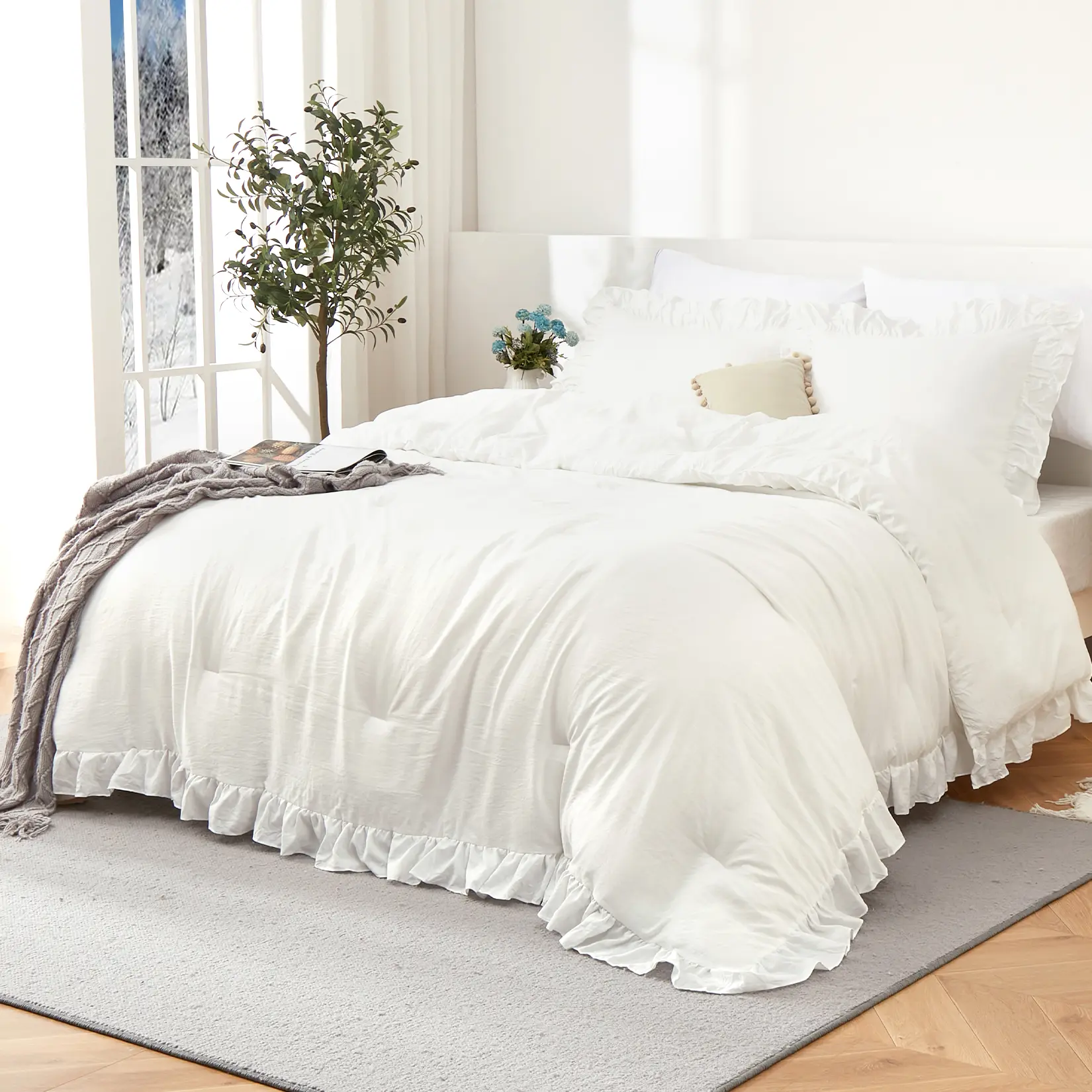 Comforter Set Full Size, 3 Pieces Soft Microfiber All Season Lightweight Shabby Chic Ruffle Bedding Comforter Set