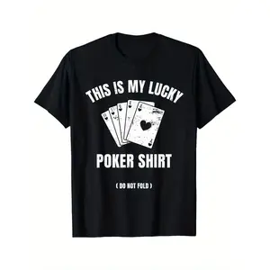 Men's Funny Poker T-Shirt - 180gsm Heavyweight Cotton Poker Player Tee with "This Is My Lucky Poker Shirt" & Poker Cards Design - Black with White Print - Casual Round Neck Short Sleeve for Texas Hold'em, Nights & Christmas Gifts for Men - Machine Washabl