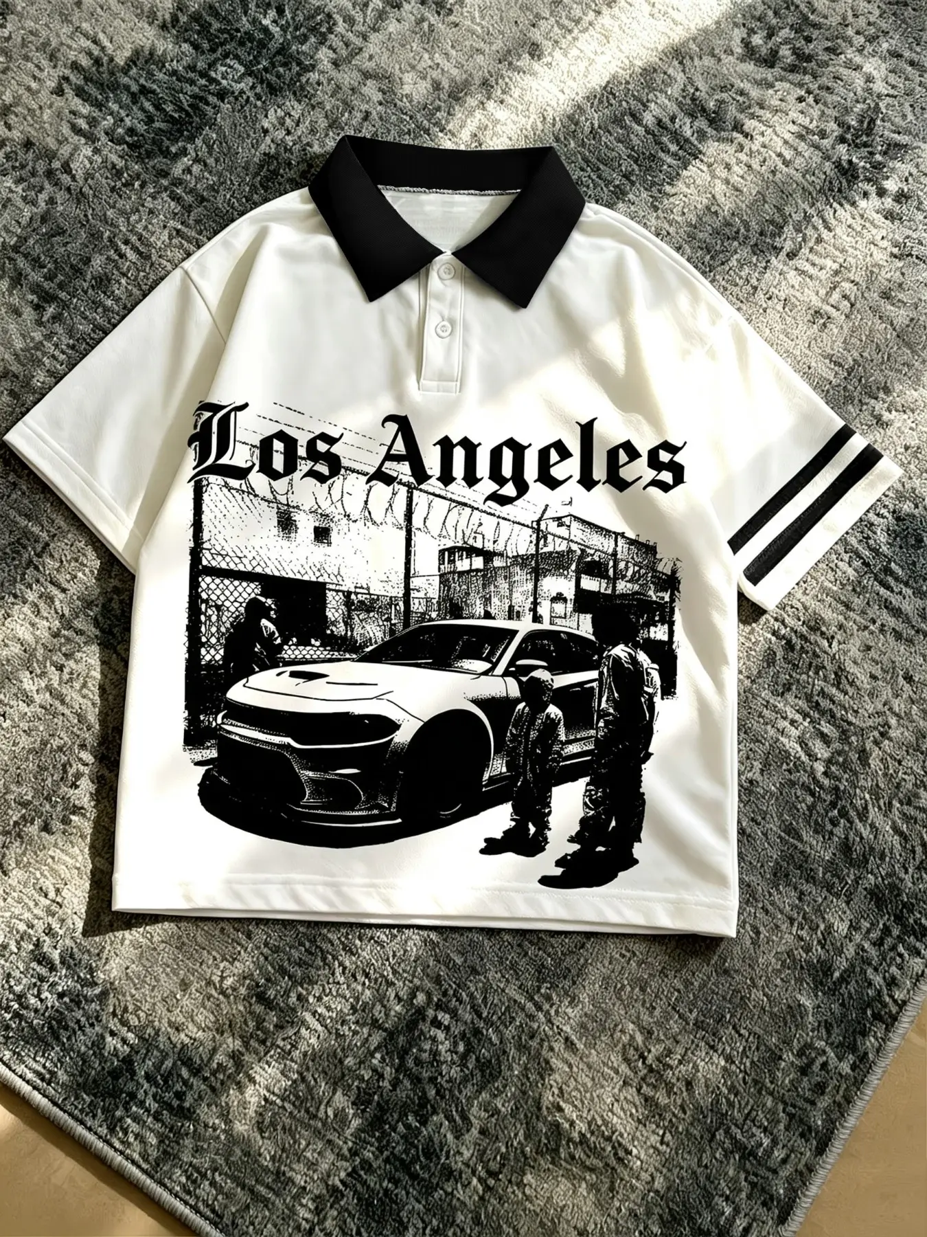 American Streetwear Los Angeles Polo Shirt, Men's Summer Striped Car Print Short Sleeve Loose Fit T-Shirt, Preppy Style