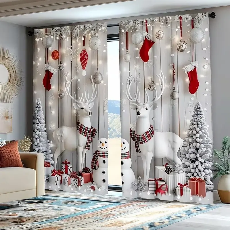 2-Pack Christmas Window Curtains, Reindeer Socks Pattern, Privacy Protection, Semi-Transparent Rod Pocket, Living Room Bedroom Kitchen Decor