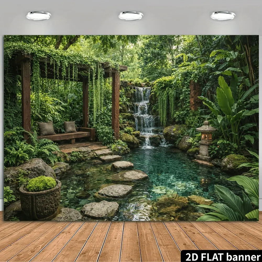 2D Flat Zen Garden Waterfall Banner | Wooden Bridge & Stone Path Nature Backdrop | Photo Backdrops | Single-Sided Polyester | Metal Grommets for Easy Hanging | Perfect for Home Decor, Meditation Rooms, Garden Parties & Photo Backgrounds
