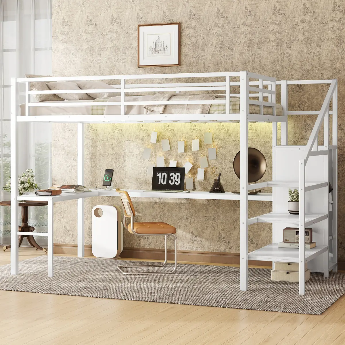 AobtkelFull Size Loft Bed with L-shaped Desk and USB, Metal Loft Bed with Wardrobe and Adjustable Shelf, High Loft Bed with LED for Kids Teens Adults, White