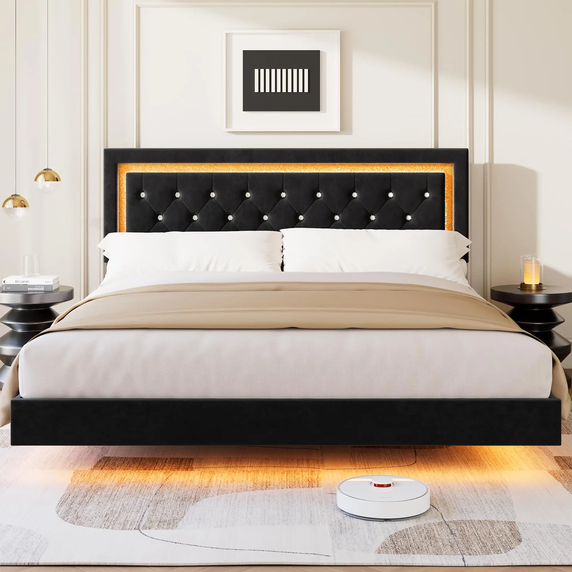 YJ-Garvee Floating Platform Bed Frame with Smart LED Lights, Upholstered Diamond Headboard, Solid Wood Slats Support, Noise-Free, No Box Spring Needed, Easy Assembly, Available in King, Queen, Full Sizes