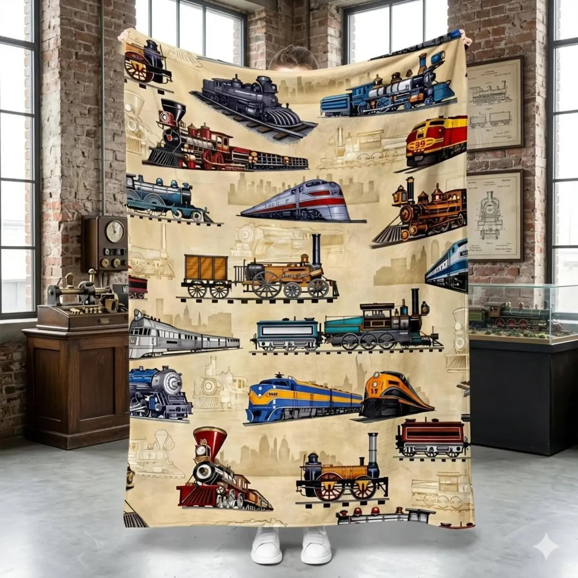 Vintage Train Flannel Blanket, Retro Steam Locomotive Soft Cozy Throw Blanket for Bed & Couch, Rustic Cabin Farmhouse Room Decor, Warm Winter Christmas Birthday Gift for Men Dad Husband