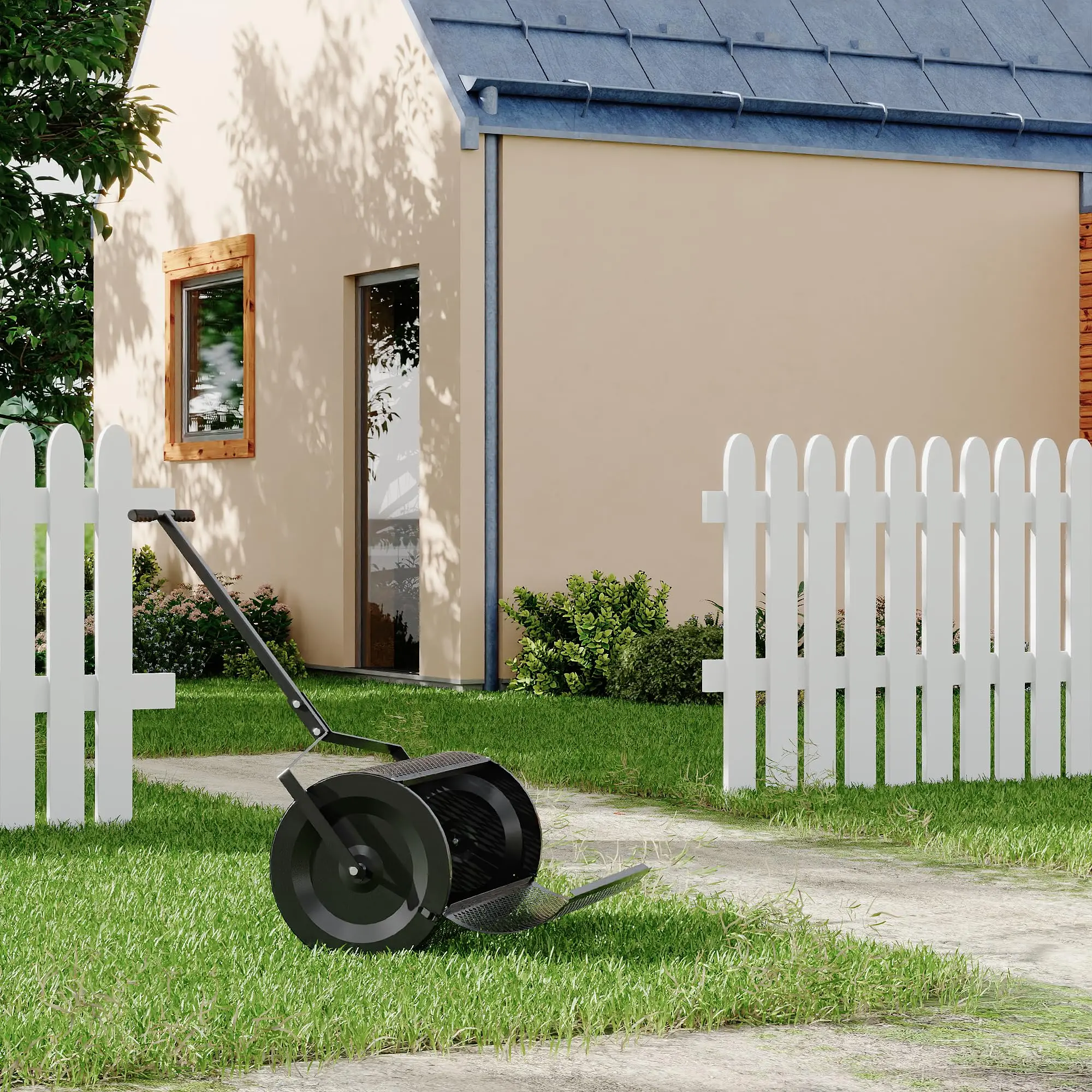 Heavy Duty Metal Mesh Compost Spreader, 24 Inch Roller for Lawn & Garden - Adjustable Handle, Easy-Open Sliding Door, T-Shaped Push Rod - Rustproof Applicator for Fertilizer, Peat Moss, Topsoil, Manure, Mulch - Durable Garden Tool