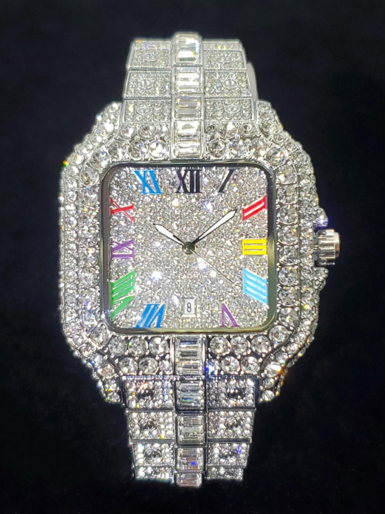 Men's Rhinestone Decorated Square Quartz Watch, Rhinestone Embellished Watch, for Men As Gift with Box, Square Dial, Stainless Steel Wristwatch Men's Rhinestone Decorated Square Quartz Watch, Rhinestone Embellished Watch, for Men As Gift with Box, Square Dial, Stainless Steel Wristwatch