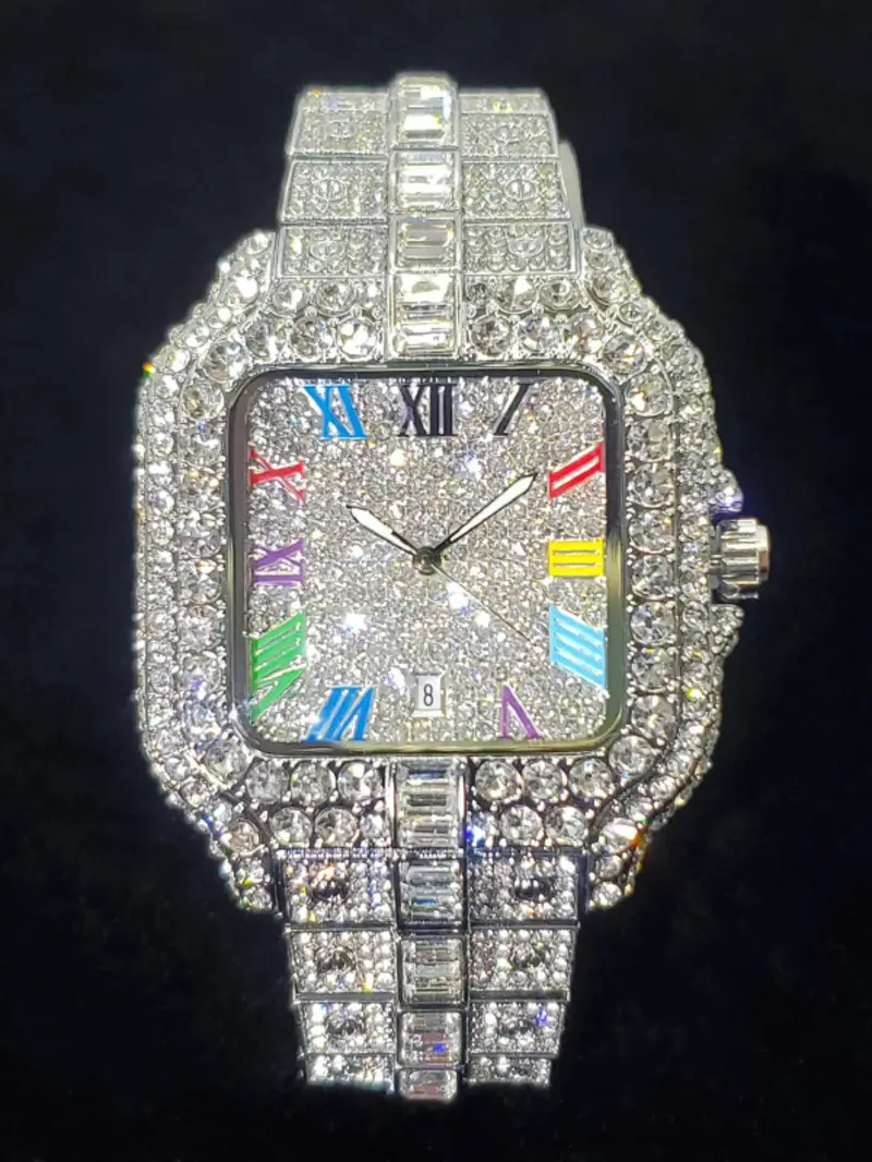 Men's Rhinestone Decorated Square Quartz Watch, Rhinestone Embellished Watch, for Men As Gift with Box, Square Dial, Stainless Steel Wristwatch, Rhinestone Watches