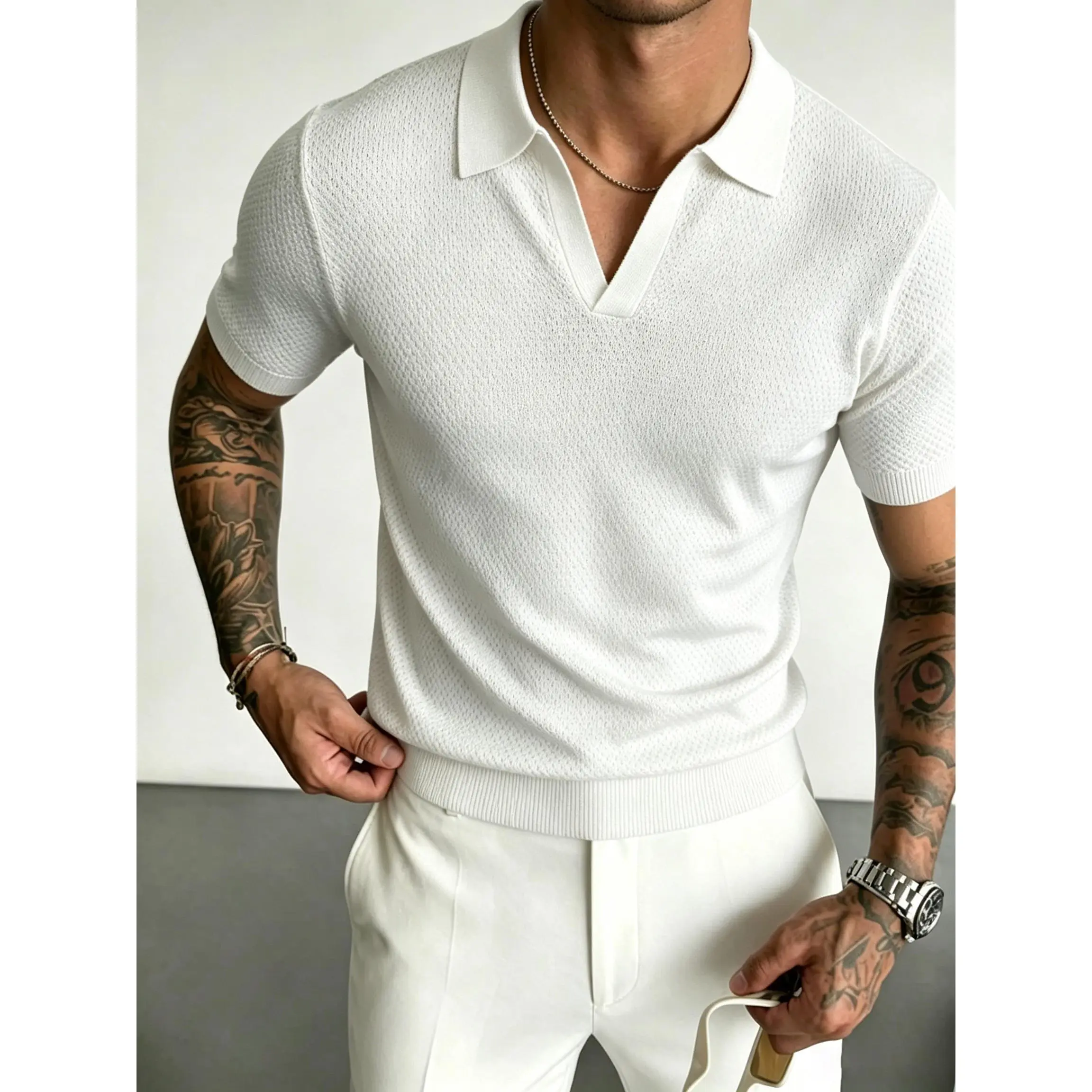 Lightweight men's perforated knitted polo shirt, featuring a clean V-neck lapel design and neat ribbed cuffs and hem, soft and skin friendly fabric, multifunctional item, creating an exquisite and fashionable urban fashion style