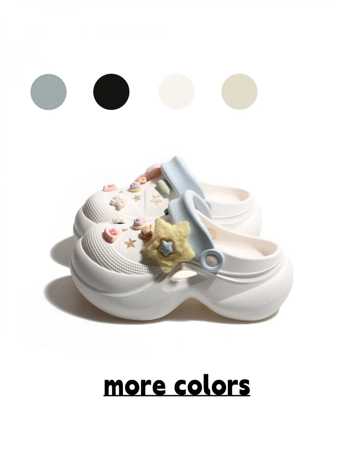 Women's Ice Mist Blue Korean-style Cute Age-reducing Two-way Clogs with Fuzzy Star & Dessert Decor, Wear-resistant Anti-slip Chunky Slides for Outdoor Casual & Beach Vacations