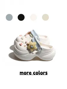 Women's Cream & Brown Chunky Dual-wear Clogs, Hollow Breathable Sandals with Cat & Doll Decor for Home & Outdoor