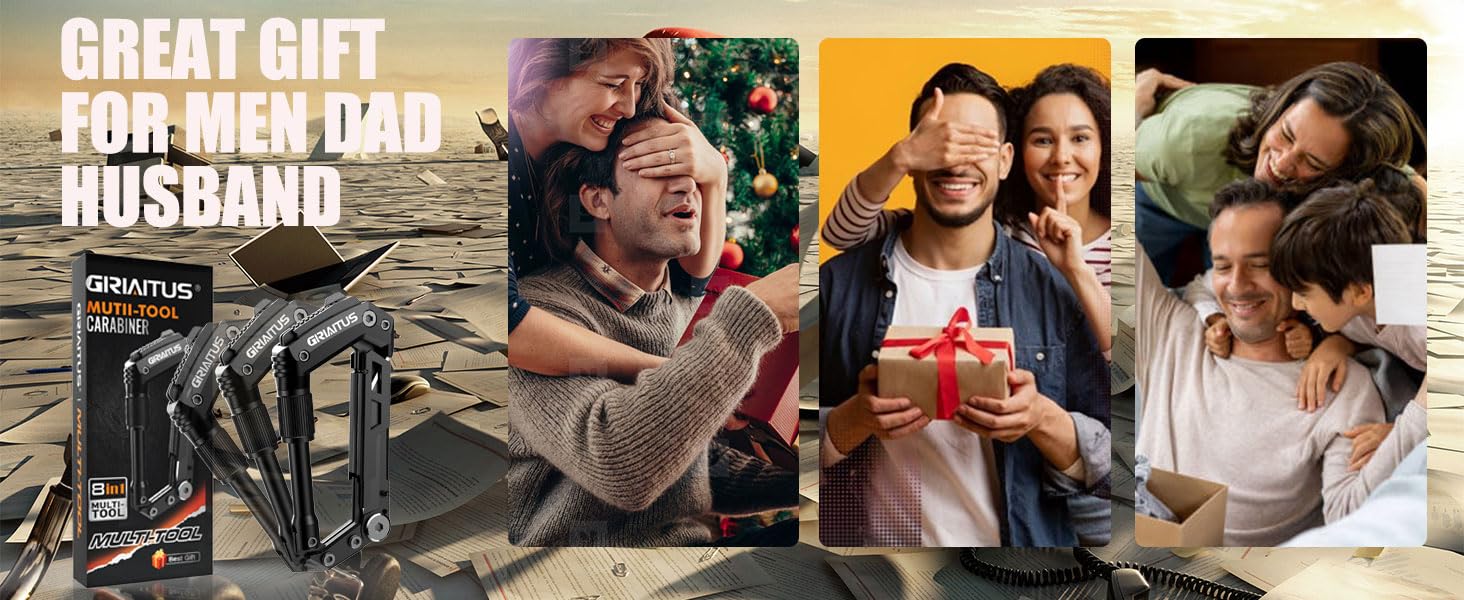 Carabiner Multitool 8-in-1 EDC With Pocket Knife, Serrated Knife, Rope Cutter, Screwdriver, Can Bottle Opener, Ruler, Survival Gear For Camping Climbing Hiking, Gifts For Men (Black)