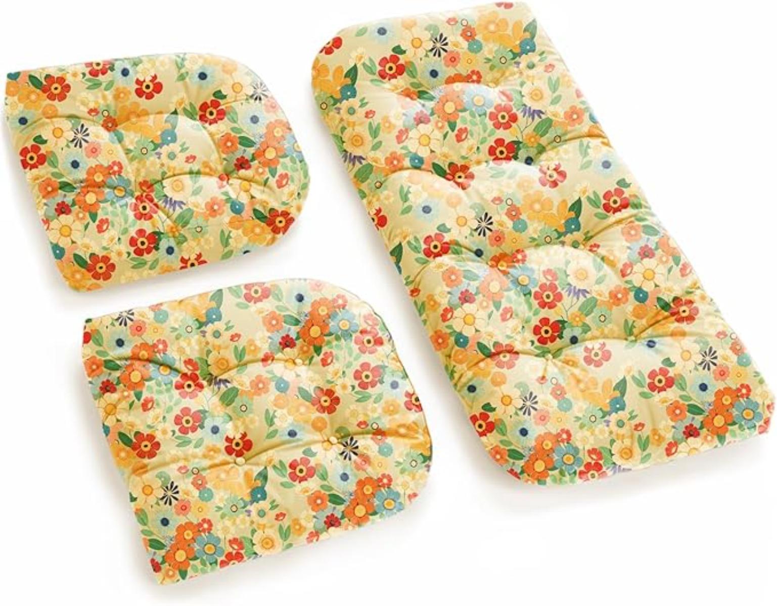 All Weather 3 Pieces Wicker Furniture Chair Cushions, Waterproof Outdoor Wicker Chair Cushion for Patio Furniture Loveseat Settee Bench, 1 Loveseat and 2 U-Shaped Thickened Cushions, Daisy