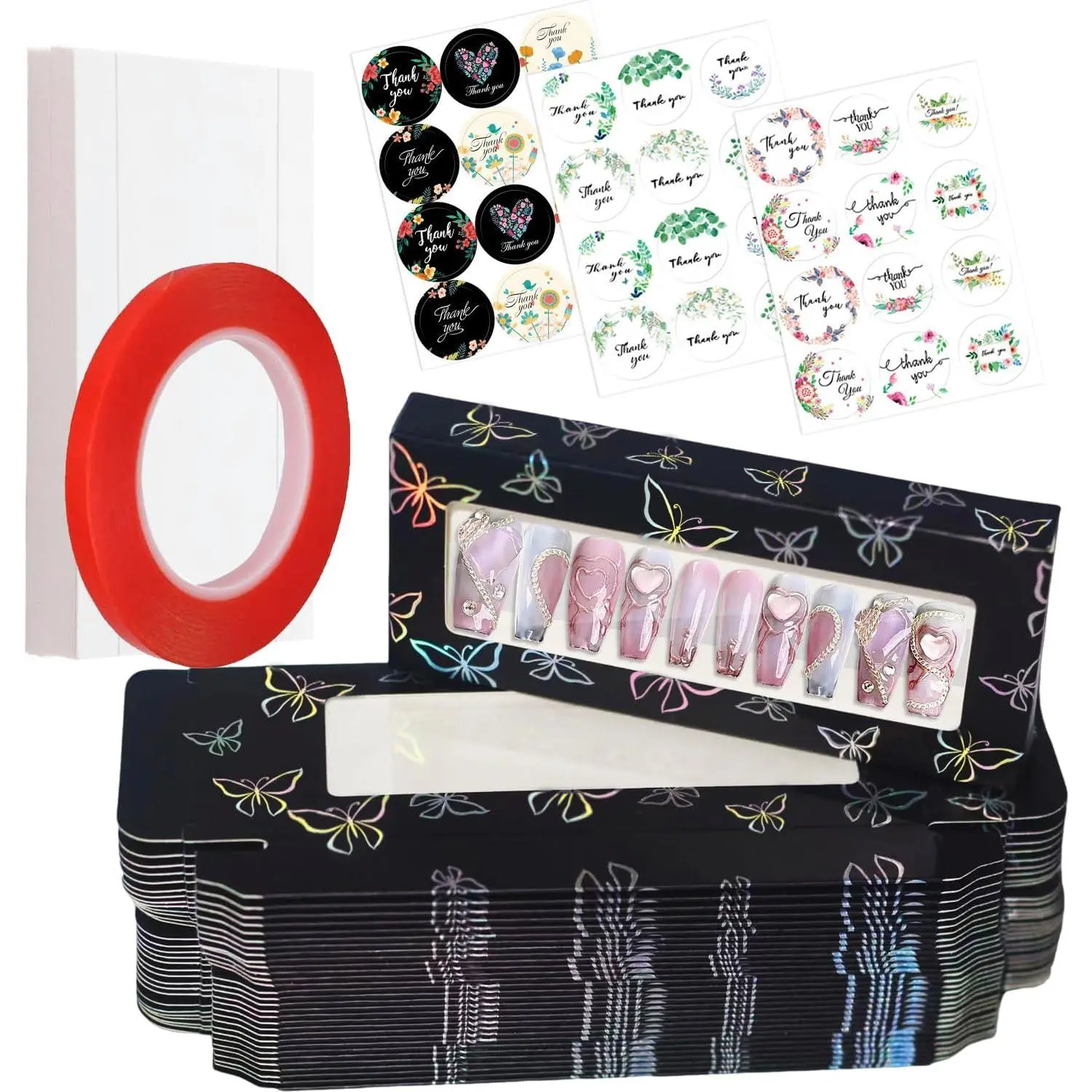 74PCS Press on Nails Packaging Box Set Includes 35PCS Empty Nail Package Box 35PCS White Background Paper 1 Double Sided Tape and 3 Thank You Stickers for Press on Nail Business