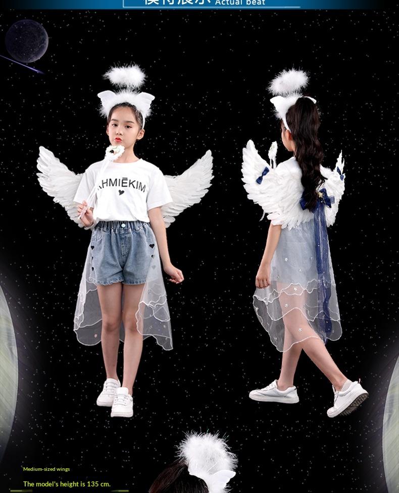 Angel Feather Wings Props for Christmas & Halloween Performance Costume Stage Princess Back Decoration White & Blue Bow