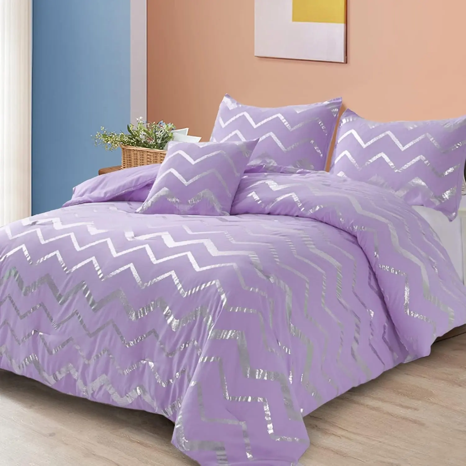 Purple/Silver Comforter Set Twin Lavender Metallic Print Glitter Bed Comforter Cute Shinny Bedding for Teen Girls Kids Women, 3 Piece (1 Pillowcase, 1 Decorative Pillow Sham)