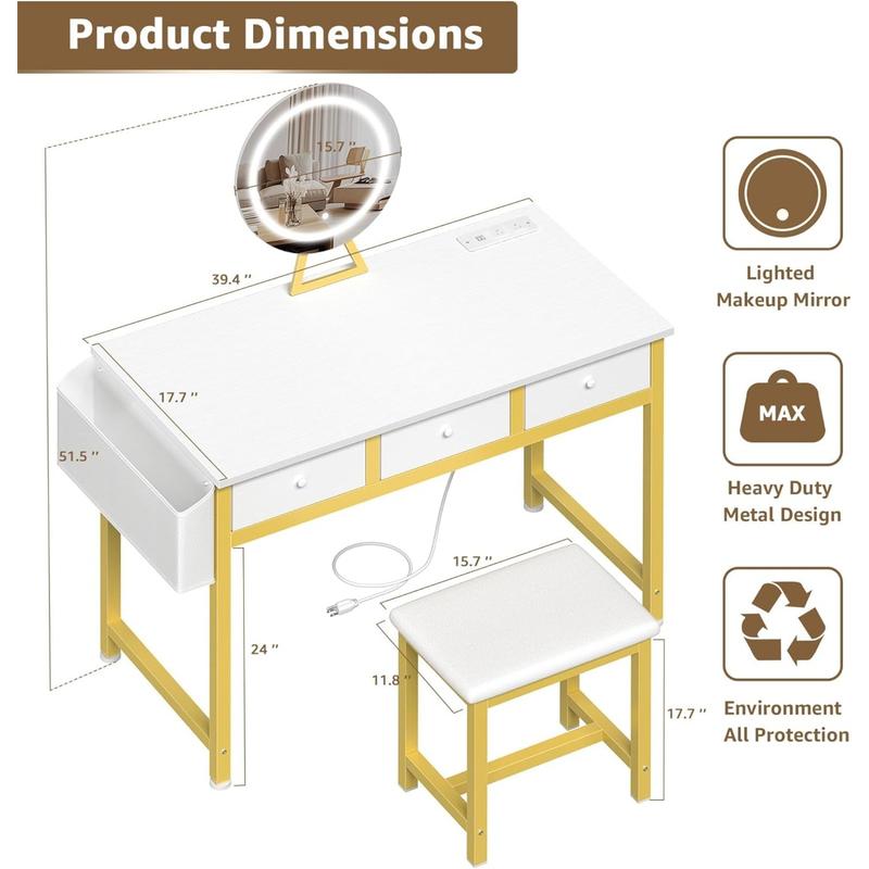 Vanity Desk with Mirror and Lights Small Makeup Vanitys Set with Chair Fabric Drawers Power Outlet, Dressing Table Vanities for Bedroom 40“ White and Gold, Get Free Gift