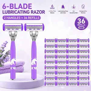 Male and female universal shaving set with 6 layers of blades (2 handles+36 blades), fast shaving, long-lasting sharpness and durability, protecting the stratum corneum of the skin, easy to use for a whole year, can be directly rinsed and cleaned