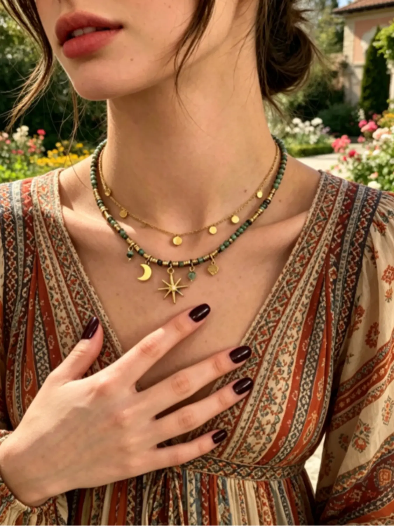 2Pcs Layered Star Moon Pendant Beaded Necklace Boho Vacation Dainty Stack Neck Jewelry For Women