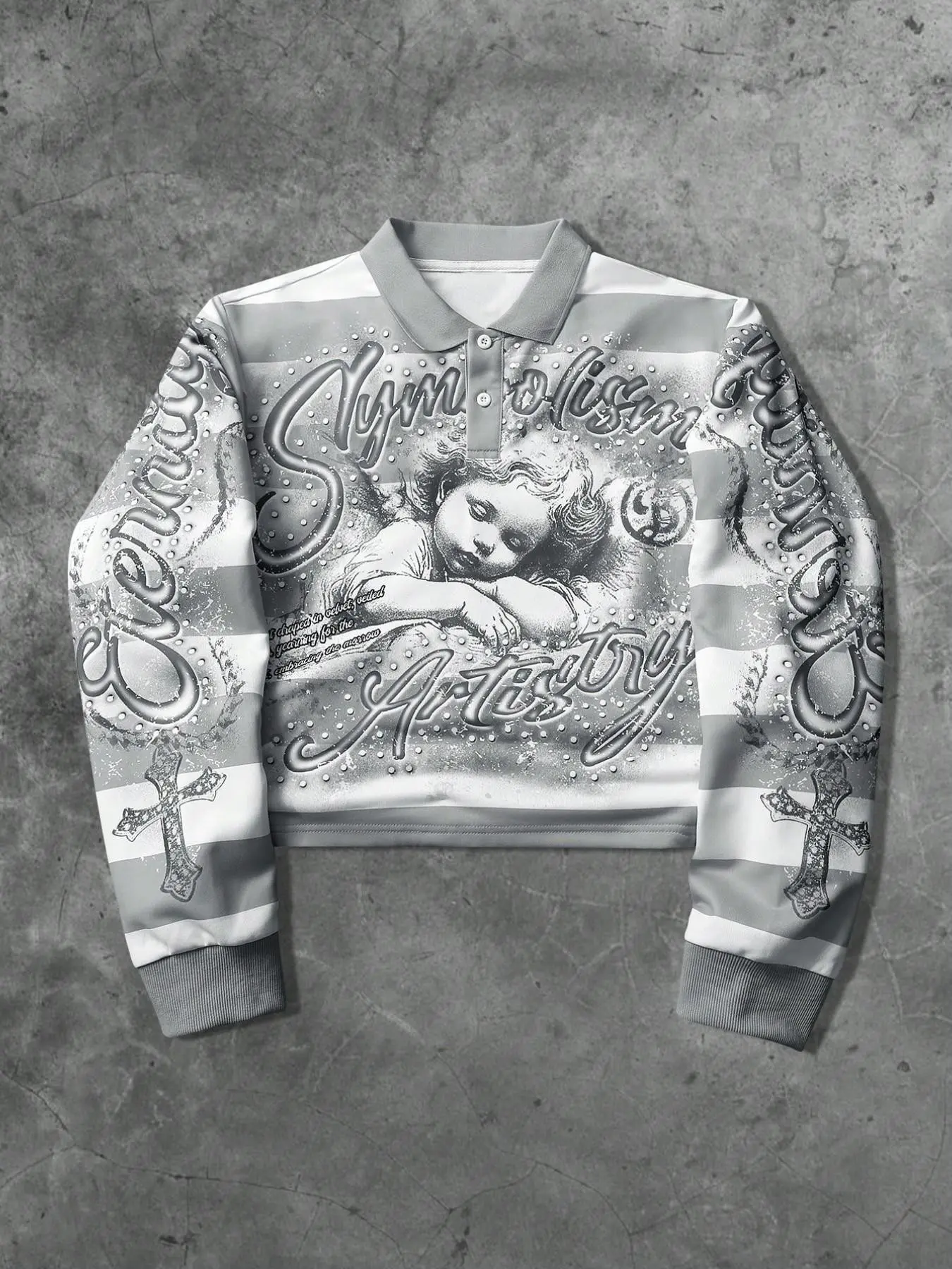 High Street Vintage Angel Print Long Sleeve Polo, Rhinestone Cross Short Top, Trendy Men's Fashion Shirt, Casual Streetwear Top