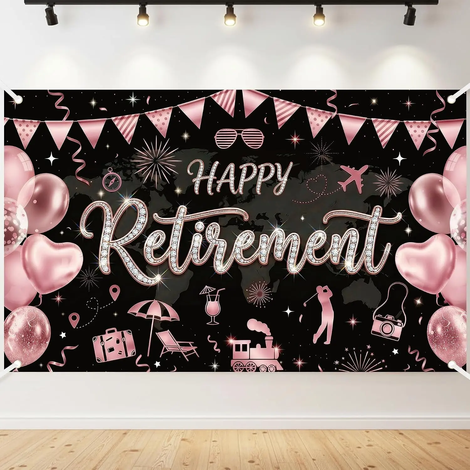 Happy  Backdrop for Women - Rose   Photo Backdrop with Travel Theme Rose  Balloon Happy  Sign for Photo Wall Office Party Teacher Farewell Celebration 71x43 Inch