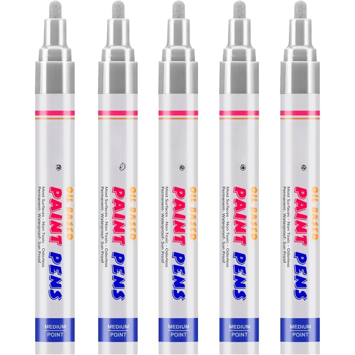 Markers, 5 Pack Oil-Based  Quick Dry Permanent  Pen Set for Rocks Painting, , Fabric, Plastic, Canvas, Glass, Mugs, Metal, Tire, Stone, DIY Craft, Grey, Gray