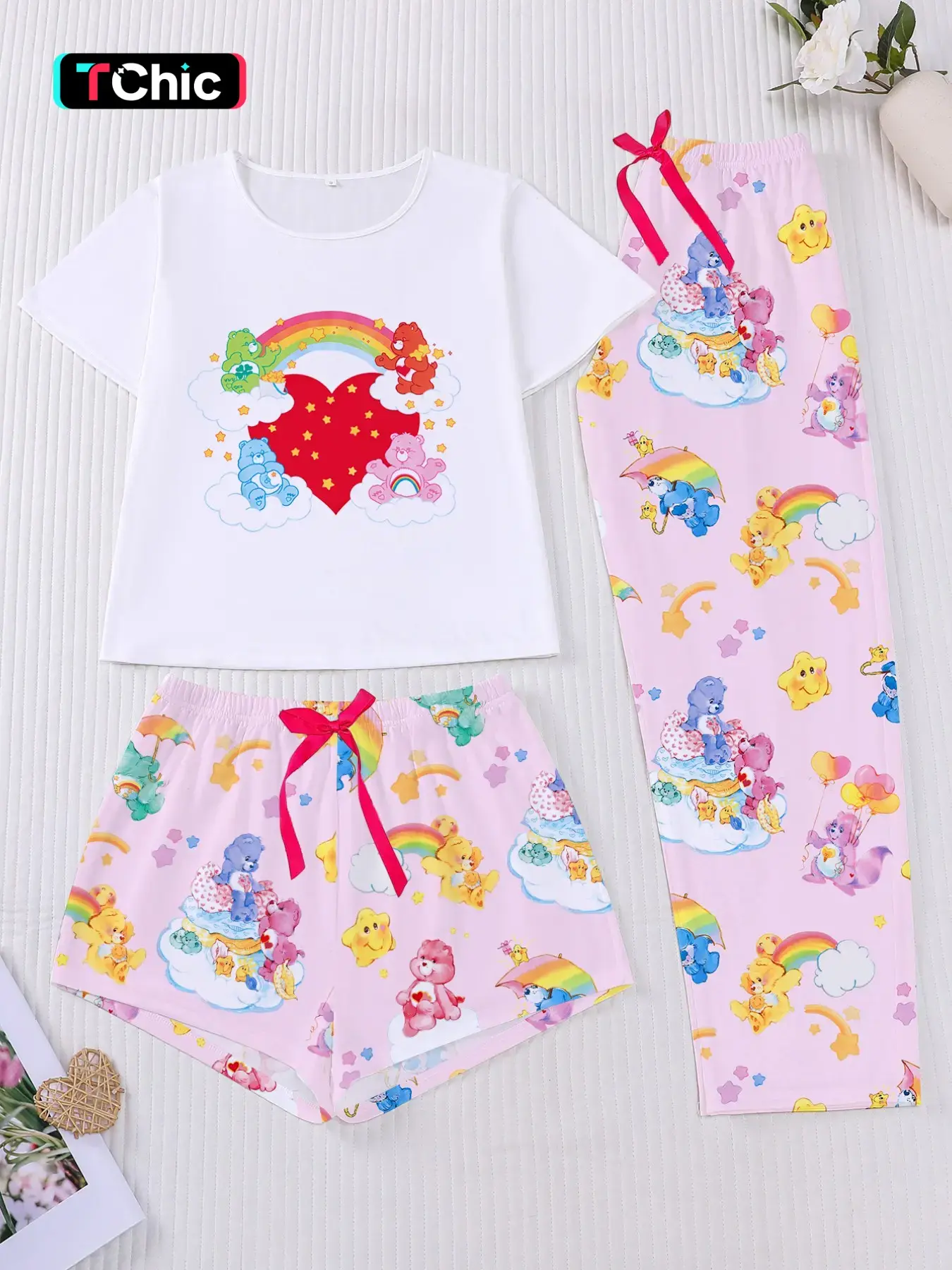 3-Piece Cartoon Bear Pajama Set for Women, Soft Short Sleeve Top, Elastic Shorts and Pants, Elegant Daily Wear, Comfortable Home Sleepwear