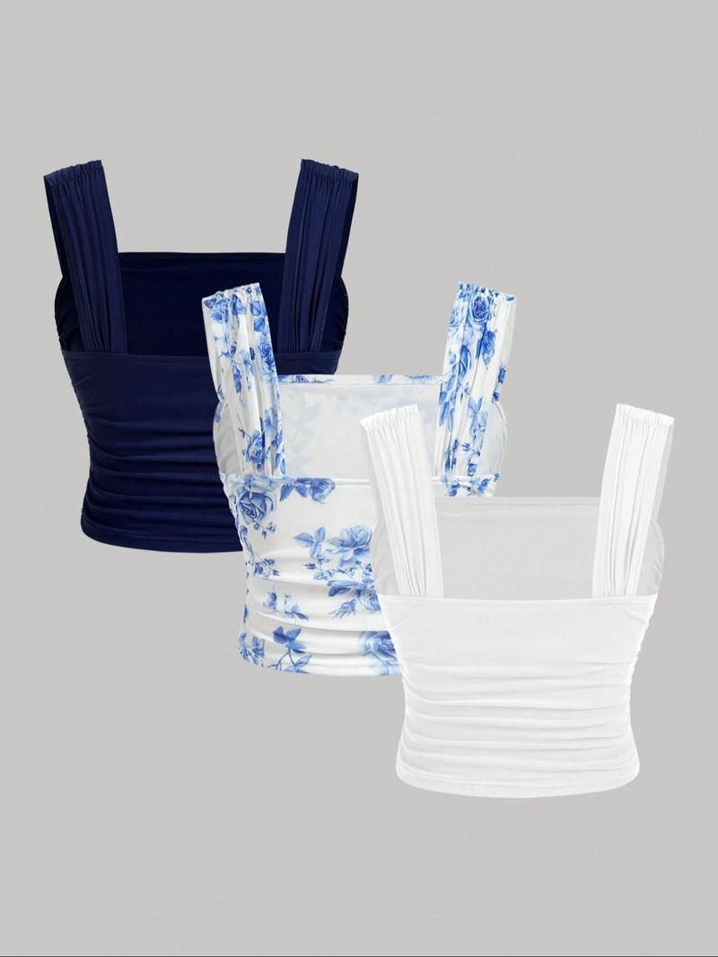 Women's Plain / Floral Print Ruched Tulle Tank Top, Elegant Sleeveless Top for Summer, Ladies Clothes for Daily Wear, Cropped Cami Top