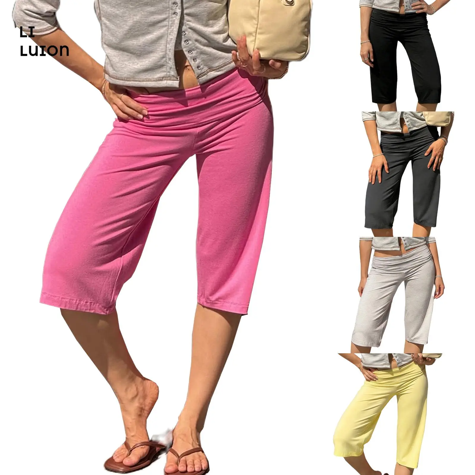 Women Y2k Fold Over Lounge Capris Wide Leg Cropped Flowy Gaucho Pants Low Rise Stretch Casual Yoga Culottes Pant