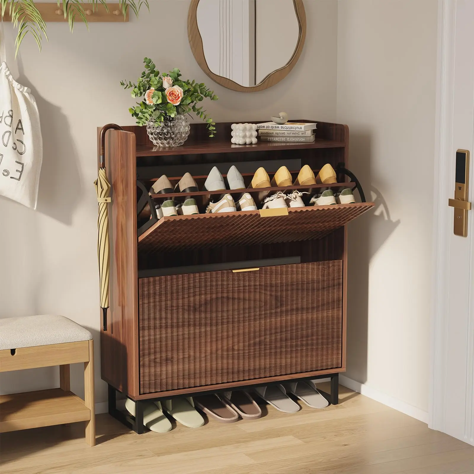 Modern Space-Saving Shoe Storage Cabinet - Narrow Wooden Organizer with 2 Turn Drawers for Entryway or Hallway - Hidden Fluted Design - Compact Shoe Rack