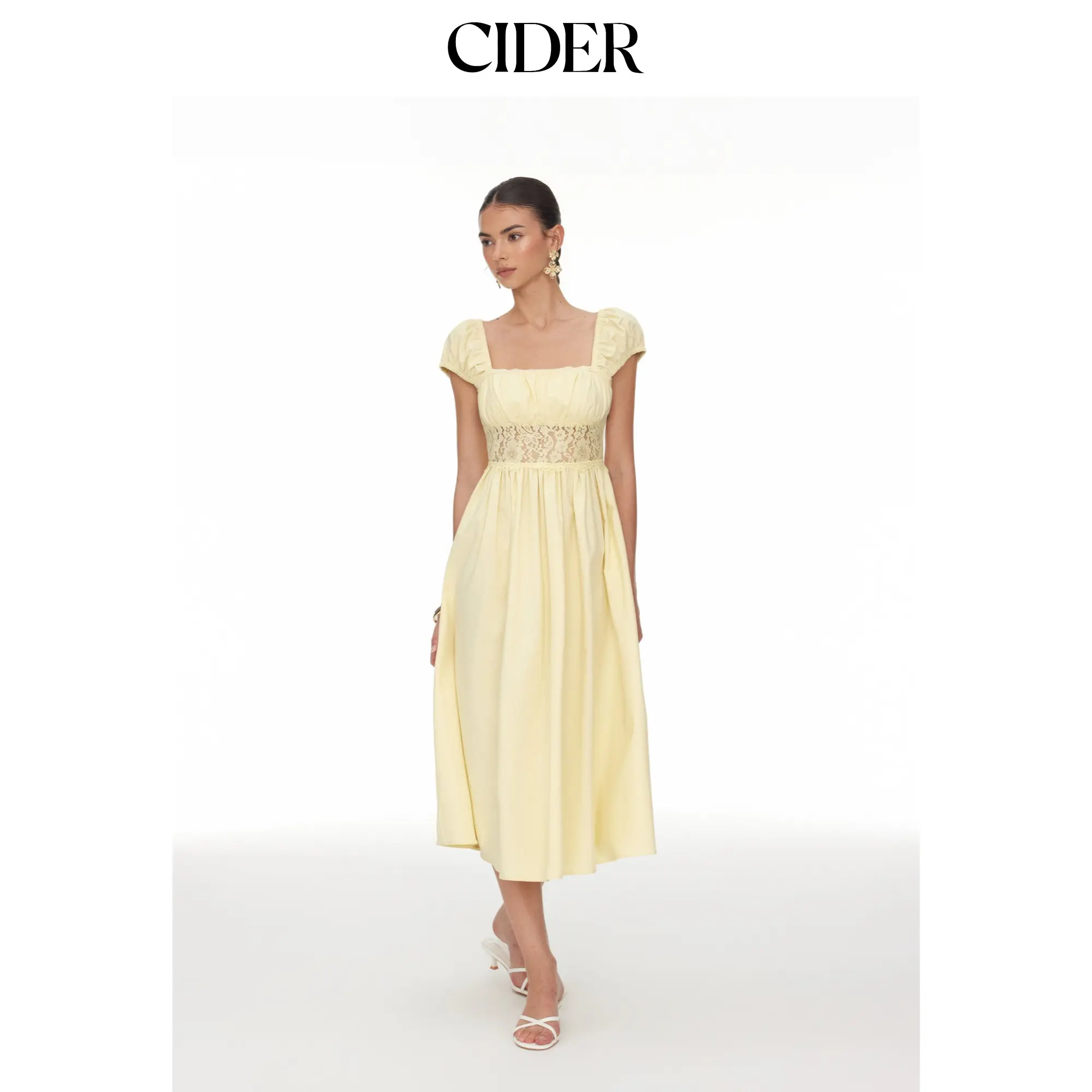 Cider Linen-blend Square Neck Short Sleeve Lace Panel Flared Midi Dress