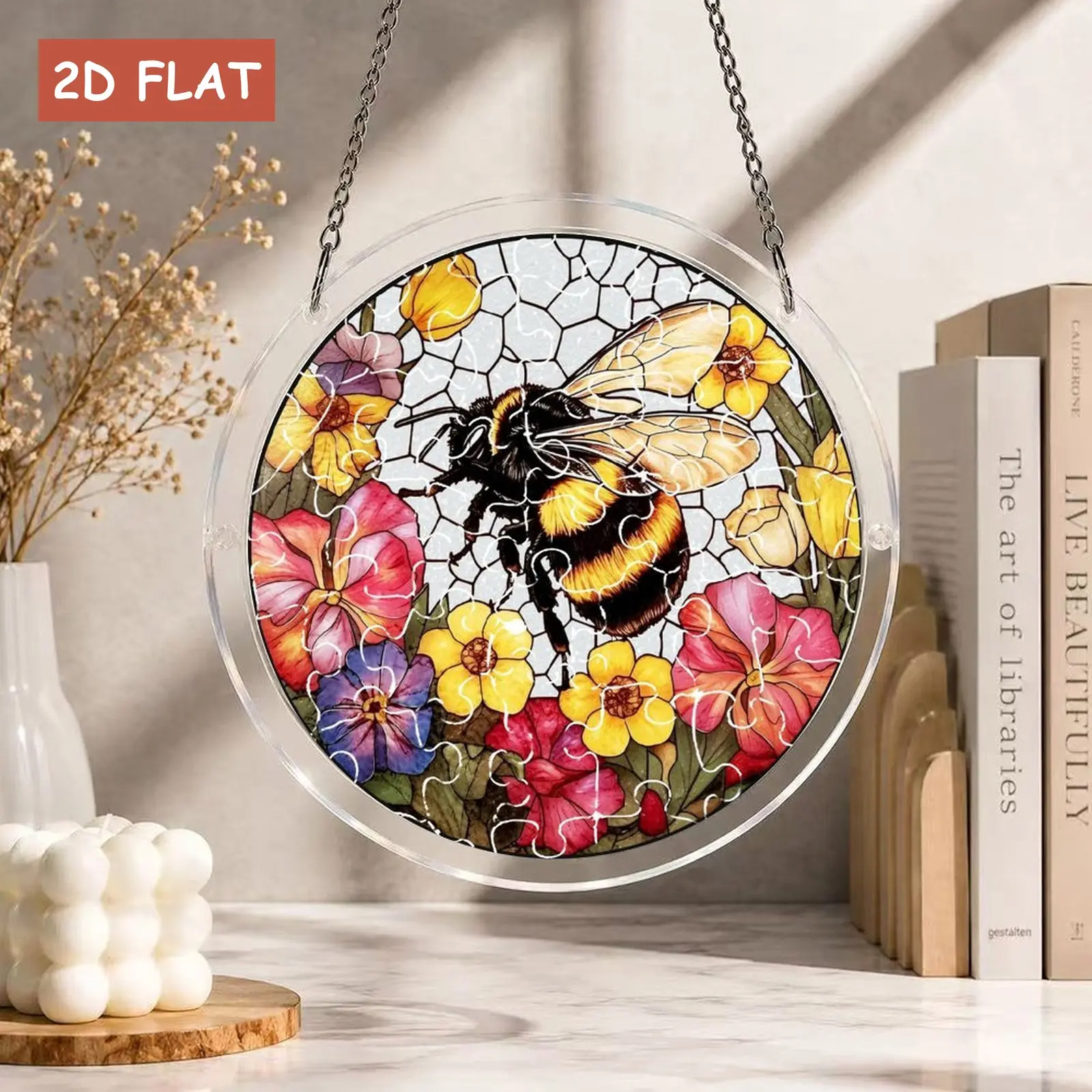 Vibrant Honey Bee & Floral Acrylic Suncatcher Puzzle, Colorful SunCatcher Window Ornament, DIY Creative Jigsaw Craft Kit, Aesthetic Birthday Mother's Day Christmas Gift For Mom Grandma Friends,  7.87 inch