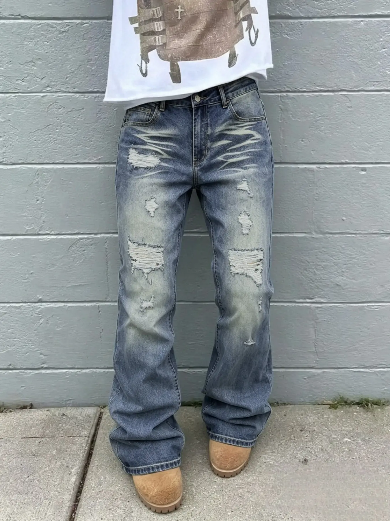 Men's Washed Blue Distressed Flare Jeans, Y2K Vintage Ripped Frayed Bootcut Denim Pants, Loose Streetwear Trousers For Skate Daily Street Outfits