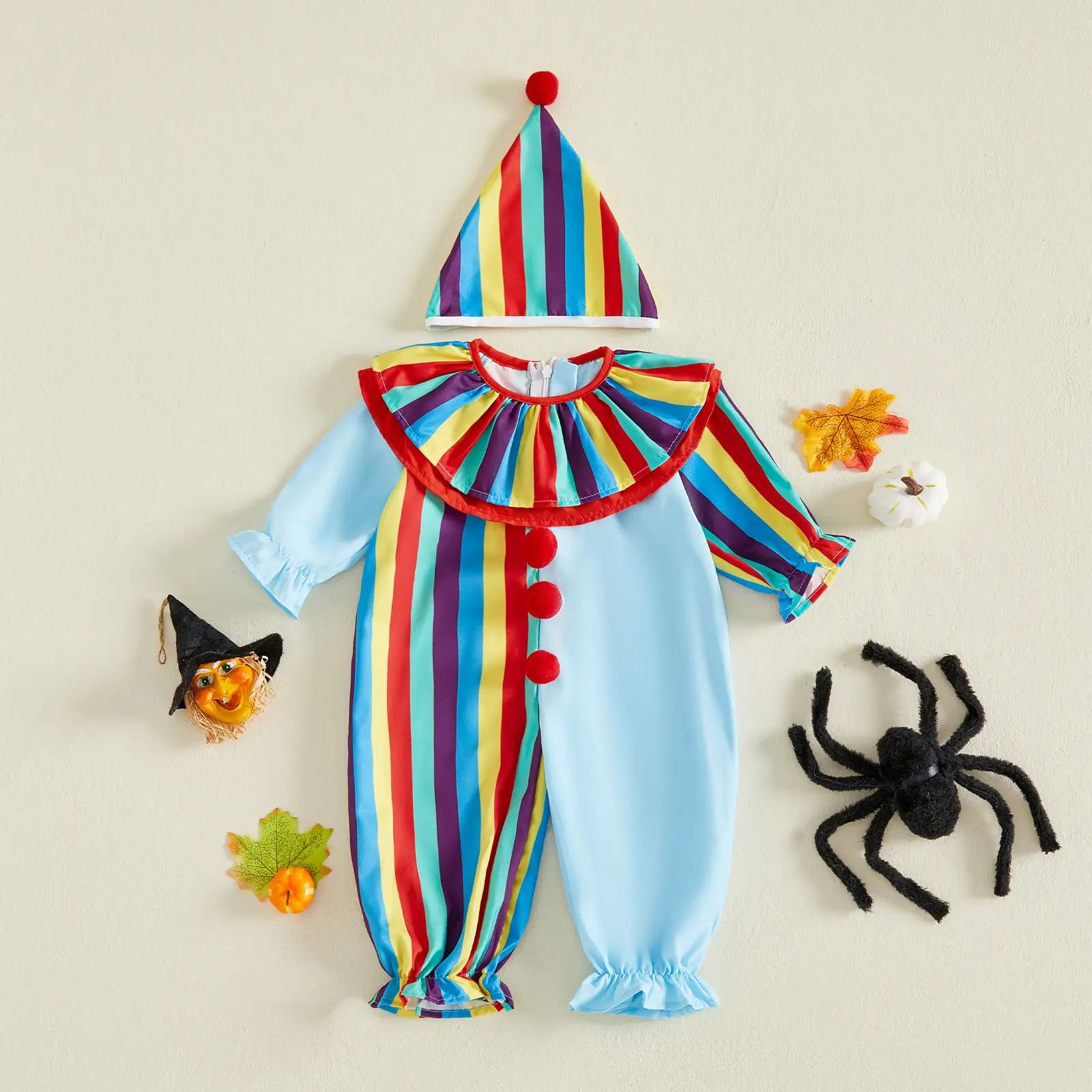 Meihuida Toddler Baby Little Boy Girl Halloween Clown Romper Ruffle Collar Long Sleeve Rainbow Striped Jumpsuit with Hat Infant Circus Cosplay Costume 0-4 Years