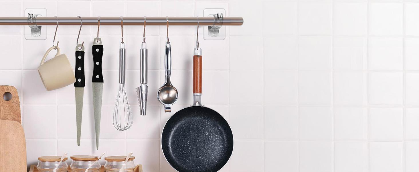 No Rod Bracket Holders, (8 Pack) Self, No-Nail Stick on Wall Rod Hangers for Bedroom and Livingroom