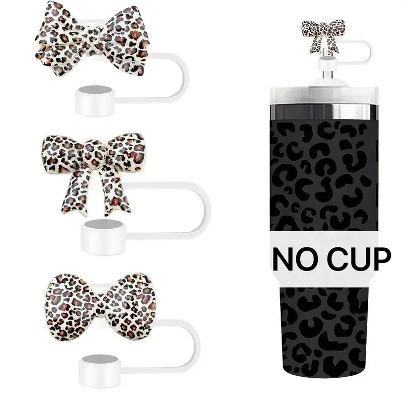 3pcs Leopard Print Bow Straw Covers, Straw Toppers for Tumblers, Dust-Proof Food Grade Silicone, Decorative Anti-Drip Caps, Kitchen Party Travel, Eco-Friendly Drink Accessories