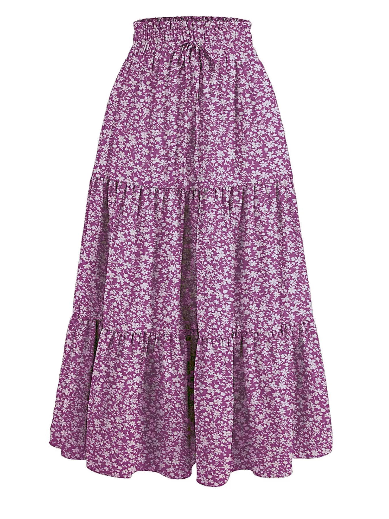 Women's Multi-Color Solid Ruffle Layered Midi Skirt, Elastic Waist, Breathable Fabric, Bohemian Style, Perfect for Outdoor Activities